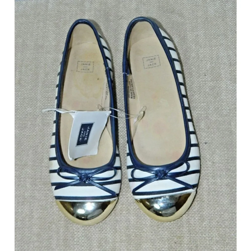Janie and Jack‎ Ballet Flats Size 1 Blue white Striped Gold Toe Metallic Bow